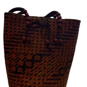Source Unknown Brown Woven Tote with Beaded Handles
